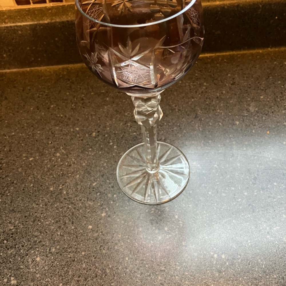 Set of 2 Antique Moser Hungarian Cut Crystal wine goblets in plum
